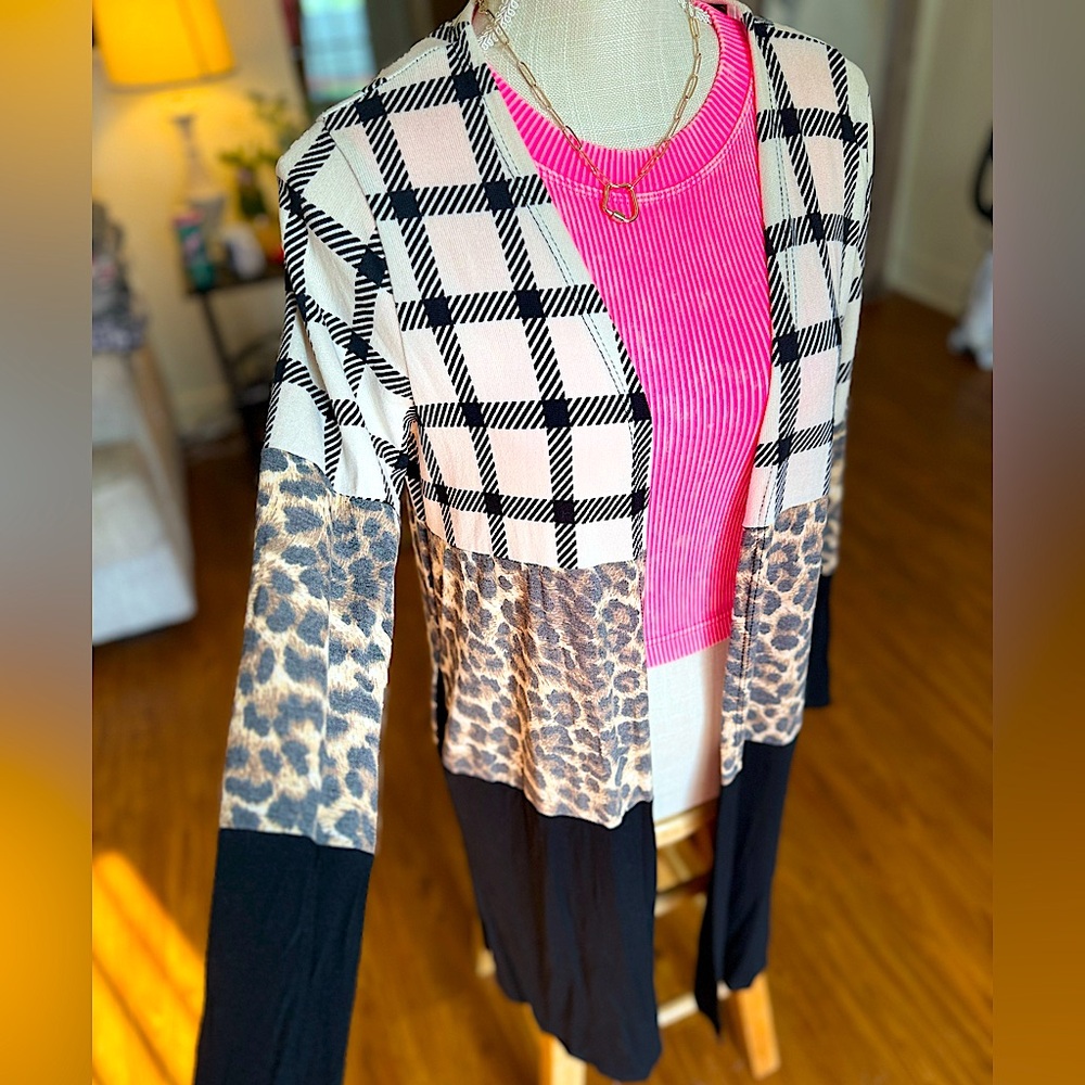 🆕🖤SEW IN LOVE: Plaid & Animal Print Long Cardigan SMALL